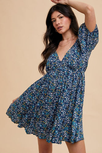 Open back floral printed dress - midnight blue