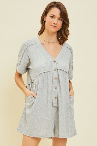 Comfy ribbed knit button down romper - Grey