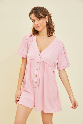 Comfy ribbed knit button down romper - Candy Pink