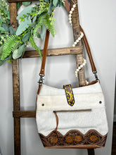 Load image into Gallery viewer, Sunflower white hair on hide tooled bag