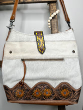 Load image into Gallery viewer, Sunflower white hair on hide tooled bag
