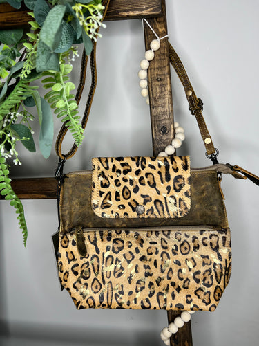 Leopard hair on hide small satchel