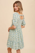 Load image into Gallery viewer, Smocked button front middi dress blue floral
