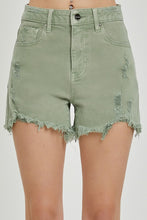 Load image into Gallery viewer, High rise distressed olive shorts
