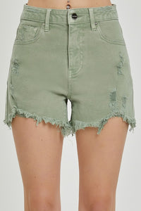 High rise distressed olive shorts