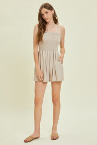 Sand smocked romper with pockets