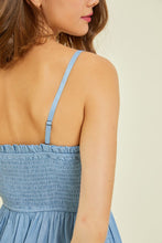 Load image into Gallery viewer, Denim blue smocked romper with pockets