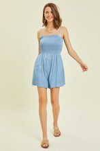Load image into Gallery viewer, Denim blue smocked romper with pockets