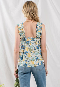 Blue floral ruffle tank