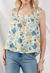 Blue floral ruffle tank