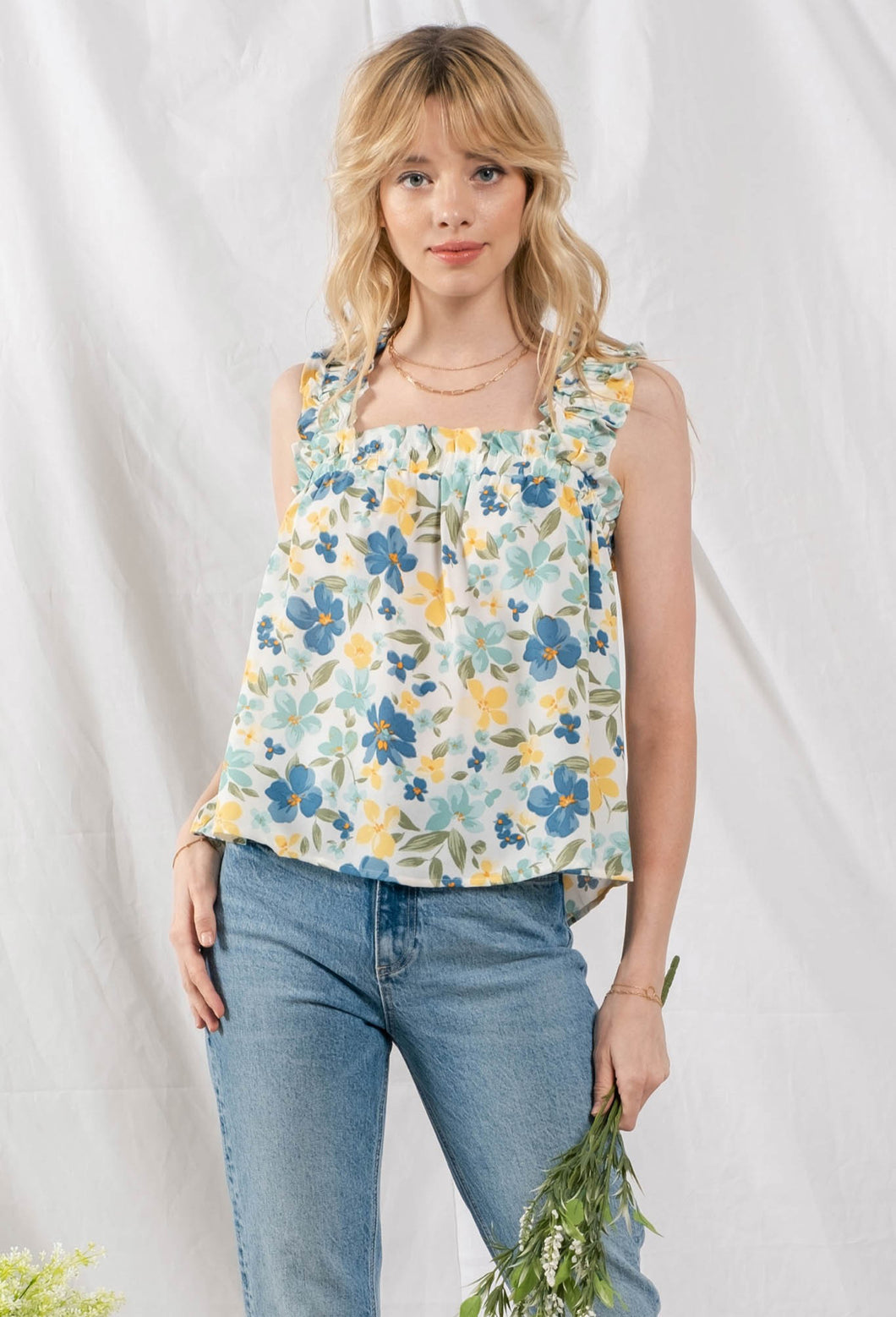 Blue floral ruffle tank