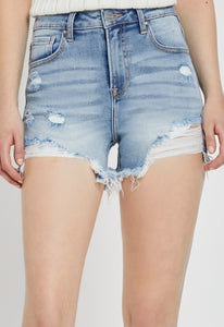 Light wash distressed stretchy shorts