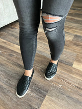 Load image into Gallery viewer, Mid wash blackish grey light distressed skinnys