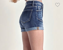 Load image into Gallery viewer, Dark wash button fly cuffed risen shorts