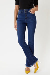 Kan Can- High Rise Button Fly Bootcut Frayed Bottom