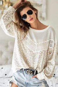 Ivory leopard pull over with crochet detail