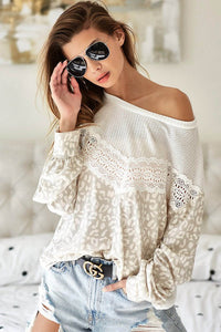 Ivory leopard pull over with crochet detail
