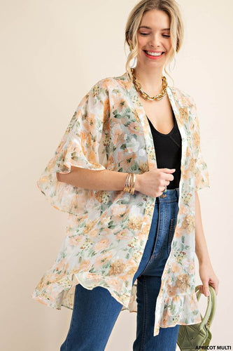 Floral printed ruffle kimono