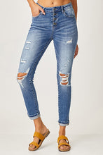 Load image into Gallery viewer, Mid wash distressed button fly skinnys - Risen