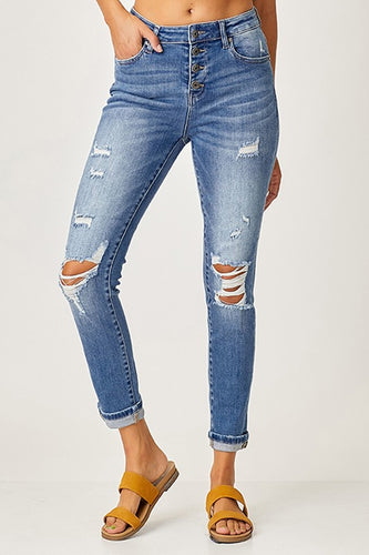 Mid wash distressed button fly skinnys - Risen