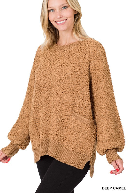 Front pocket popcorn sweater with side slits - Camel