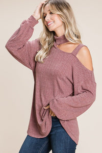 High neck cut out shoulder long sleeve - Wine