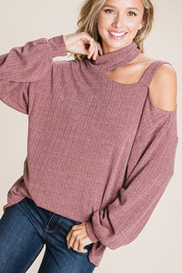 High neck cut out shoulder long sleeve - Wine