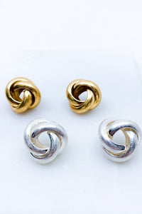 Worn knotted post back earrings in Gold & Silver