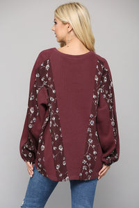 Solid / mixed floral print balloon Sleeve top - wine