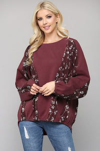 Solid / mixed floral print balloon Sleeve top - wine
