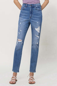 Distressed mid wash mom jeans - Vervet