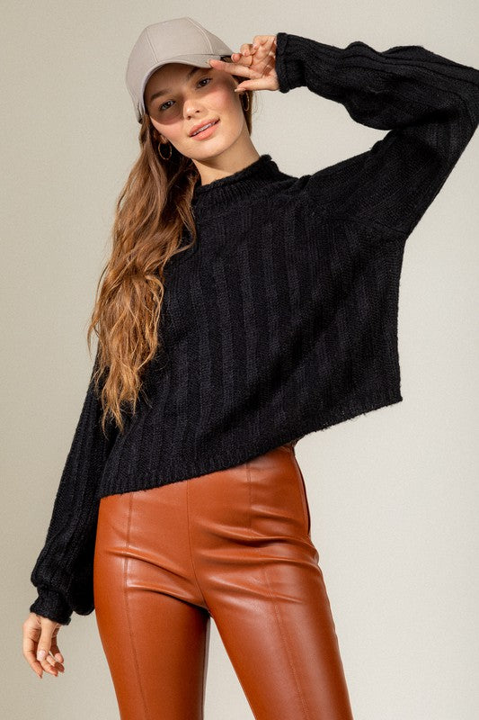 black cozy ribbed knit high neck sweater