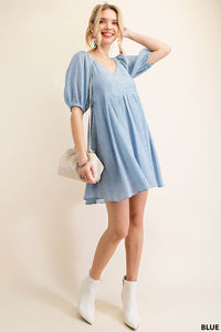 blue baby doll dress with smocked back
