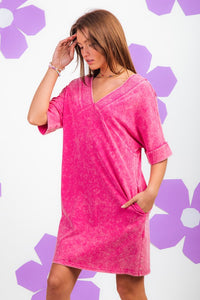 Acid wash half sleeve dress with pockets - hot pink