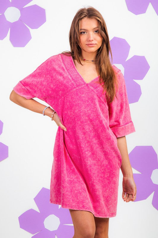 Acid wash half sleeve dress with pockets - hot pink