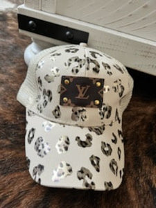 Printed ball caps with LV inspired patch