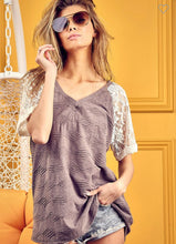 Load image into Gallery viewer, Khaki textured v neck with lace sleeves
