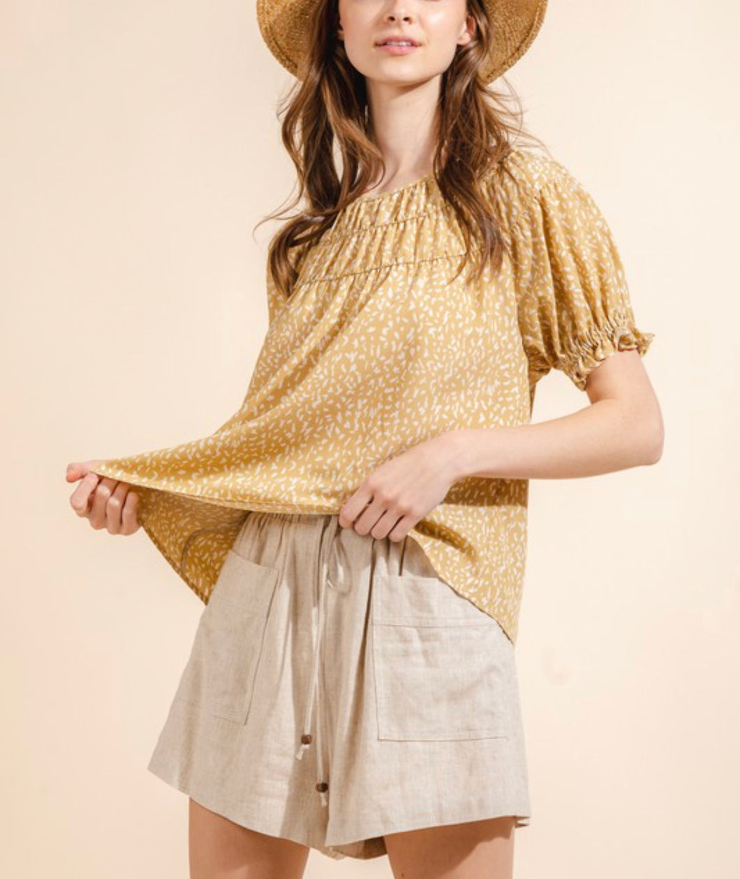 Yellow printed puff sleeve blouse