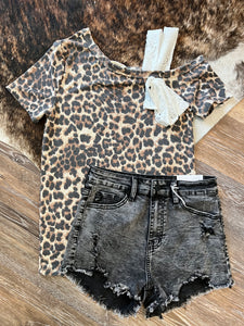 Leopard top with lace tied one shoulder